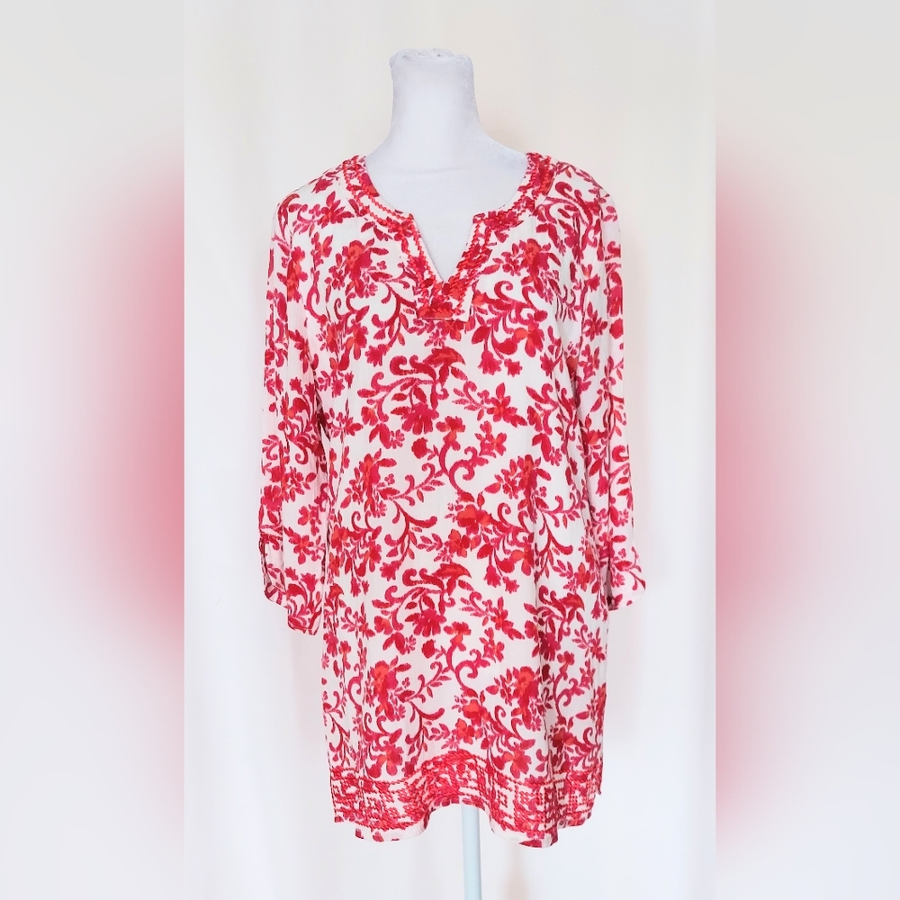 Magnolia Grace Tunic Top Red White Embroidered Floral Size Small